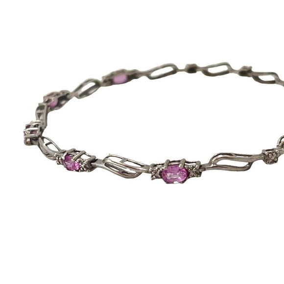 10k White Gold & Pink Sapphire Bracelet with Diamond Illusions 7” - Picture 4 of 10